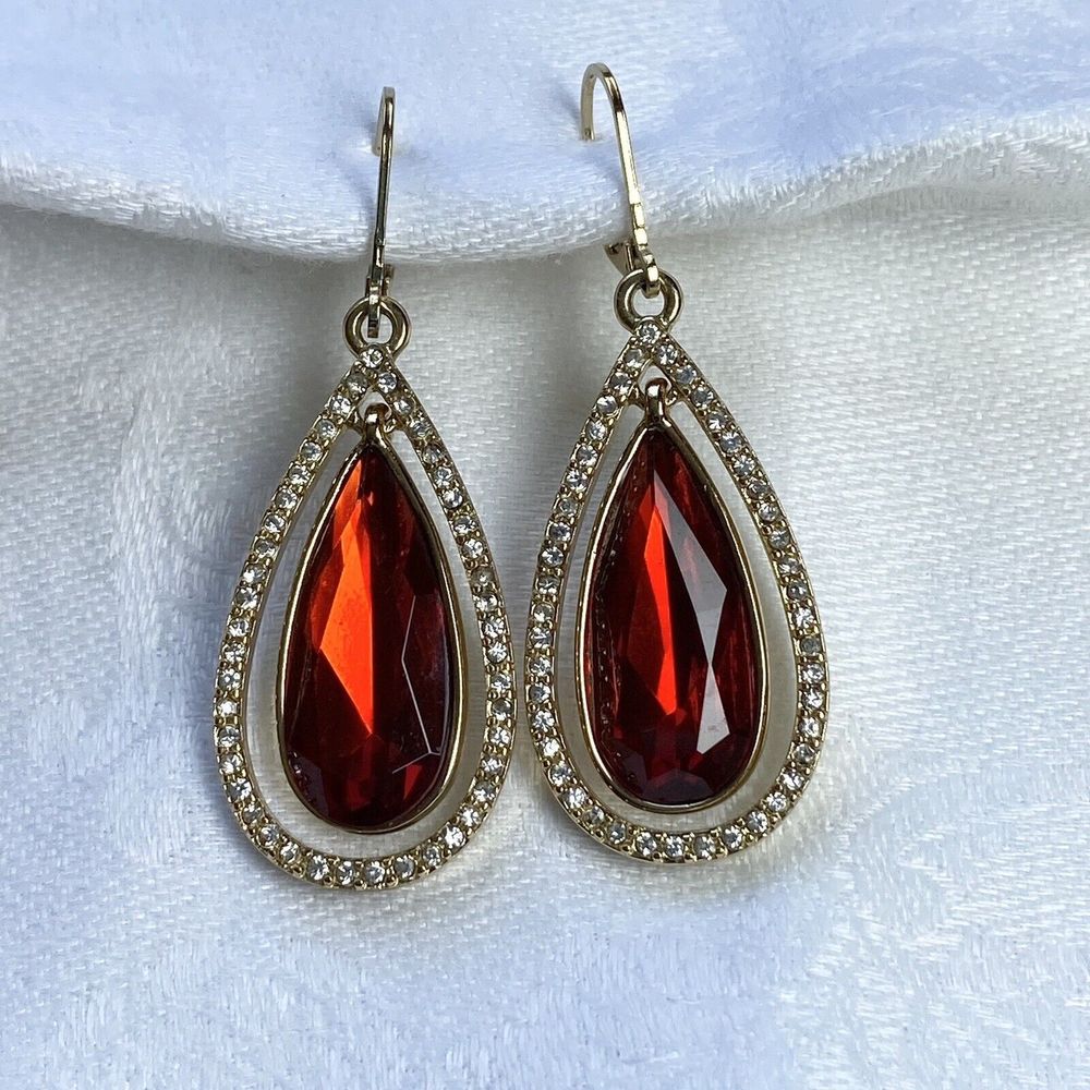ANNE KLEIN Red Earrings Teardrop Clear Rhinestones Gold Tone Dangle Drop Party